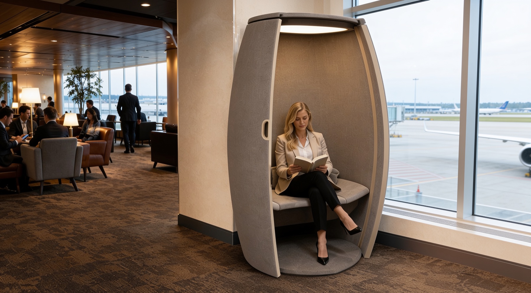A woman reading in a Stillpoint pod beside a window in an airport lounge