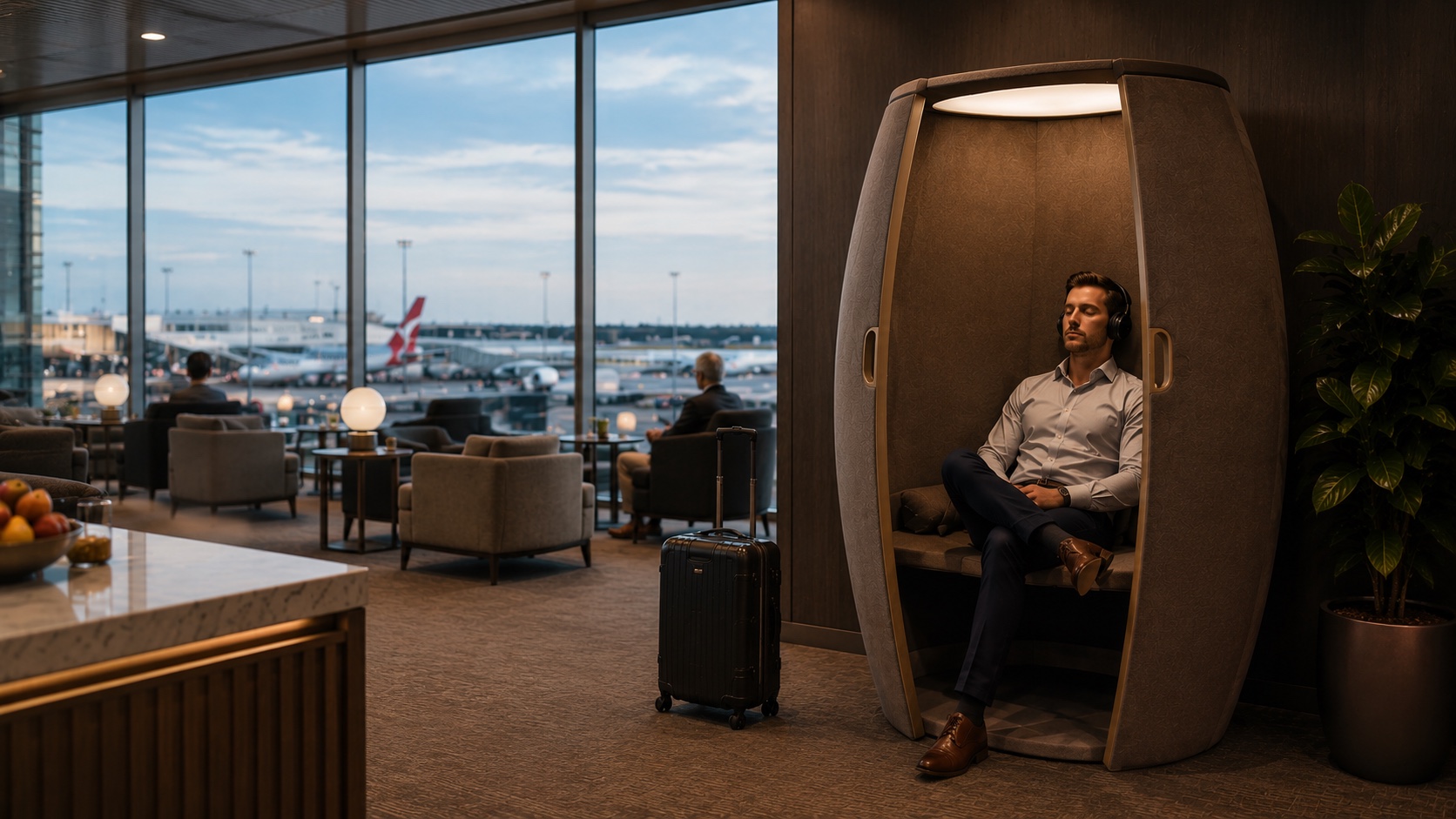 A man resting with his eyes closed and headphones on inside a Stillpoint pod in an airport lounge at dusk