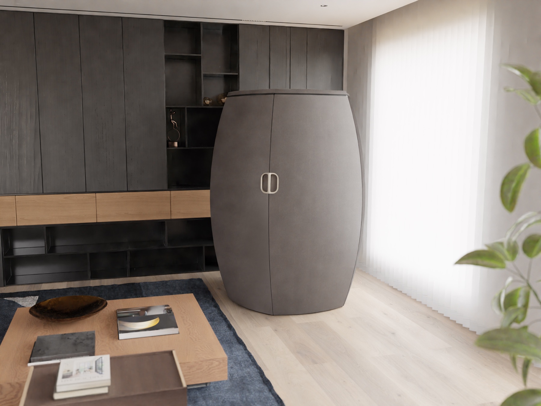 Stillpoint pod closed, standing quietly in a moody apartment living room
