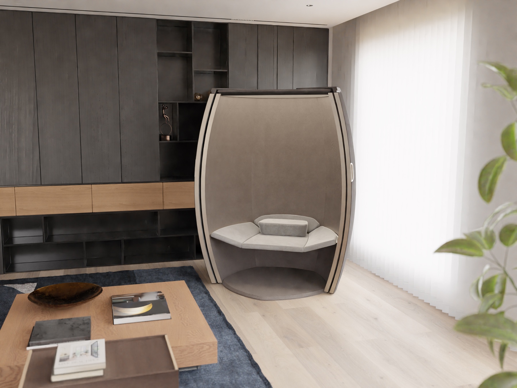 Stillpoint pod open in a bright, plant-filled apartment living room