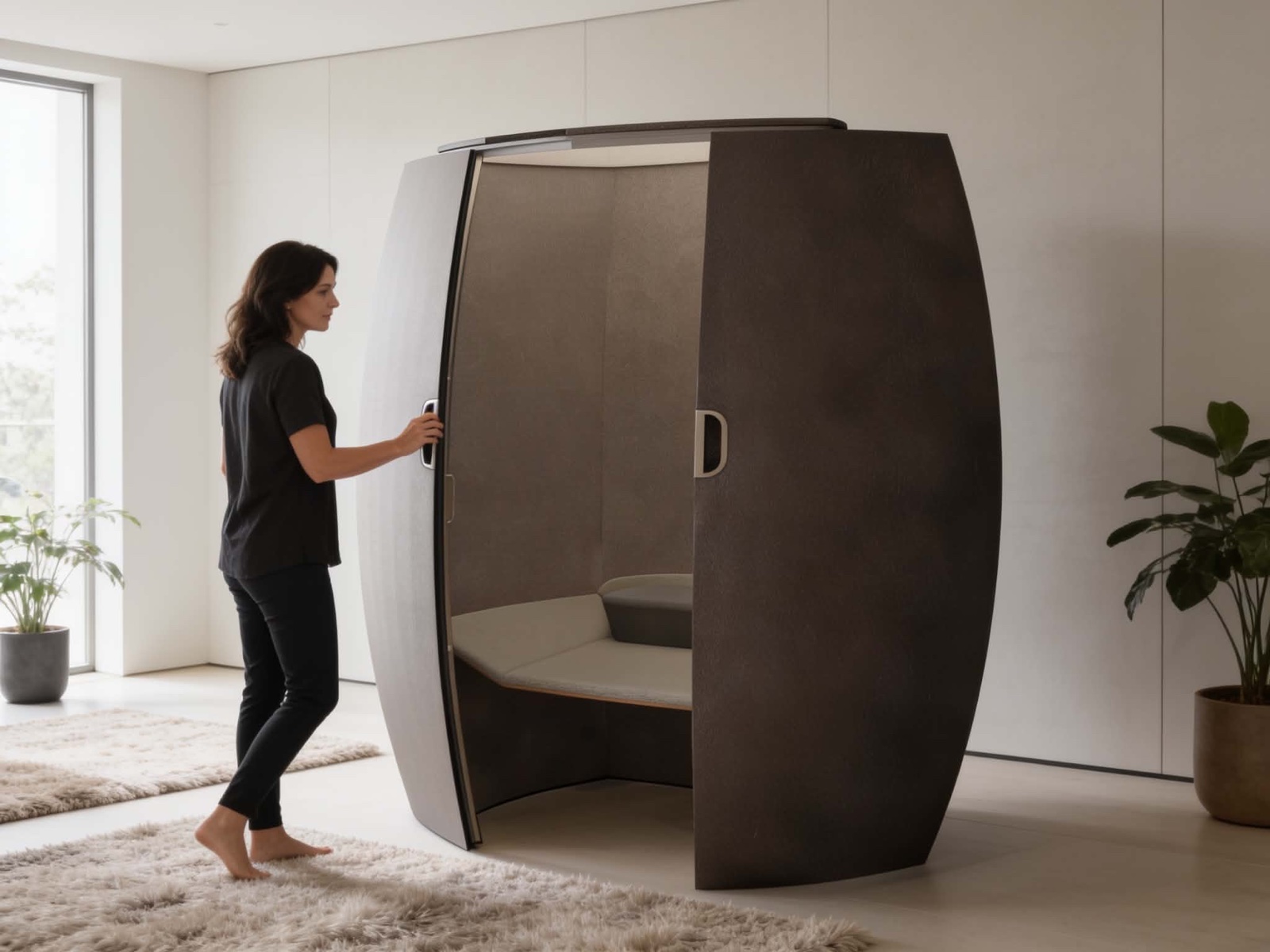 A woman opening the door of a Stillpoint pod in a bright, minimal room