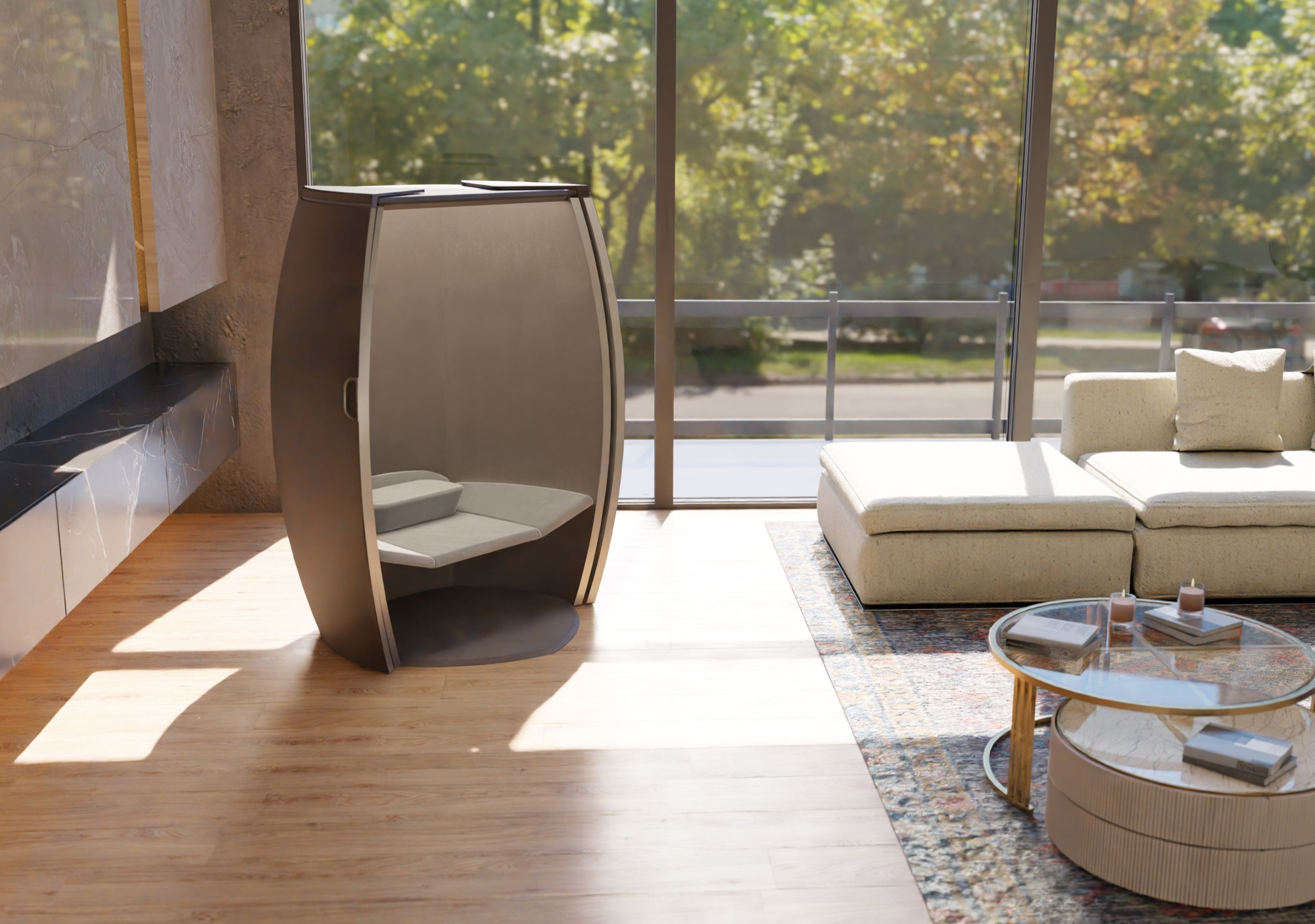 Stillpoint pod closed beside a bright, plant-filled living room