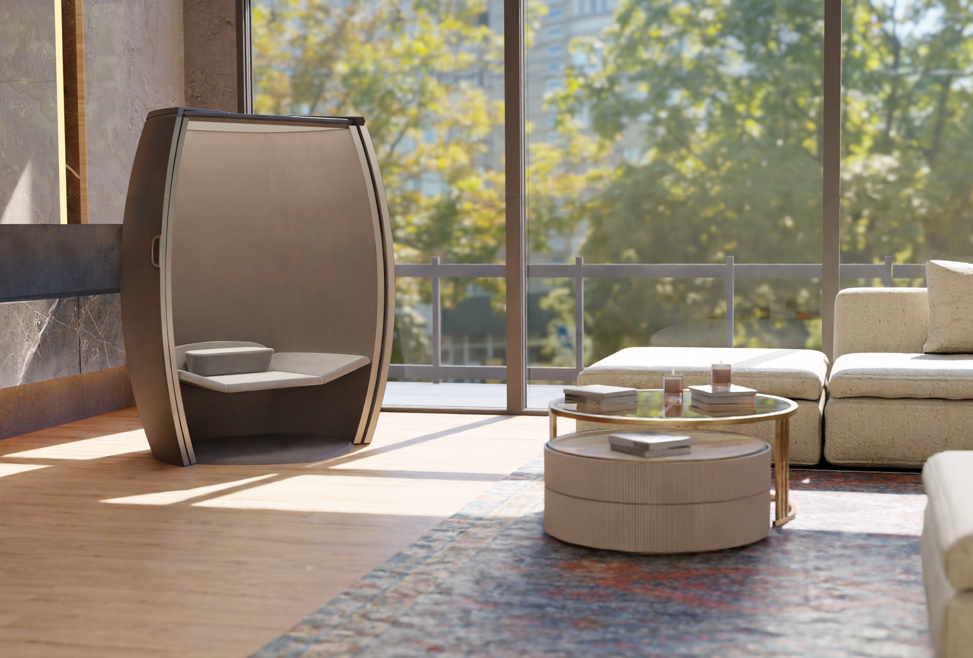 A Stillpoint pod open beside a bright, plant-filled living room