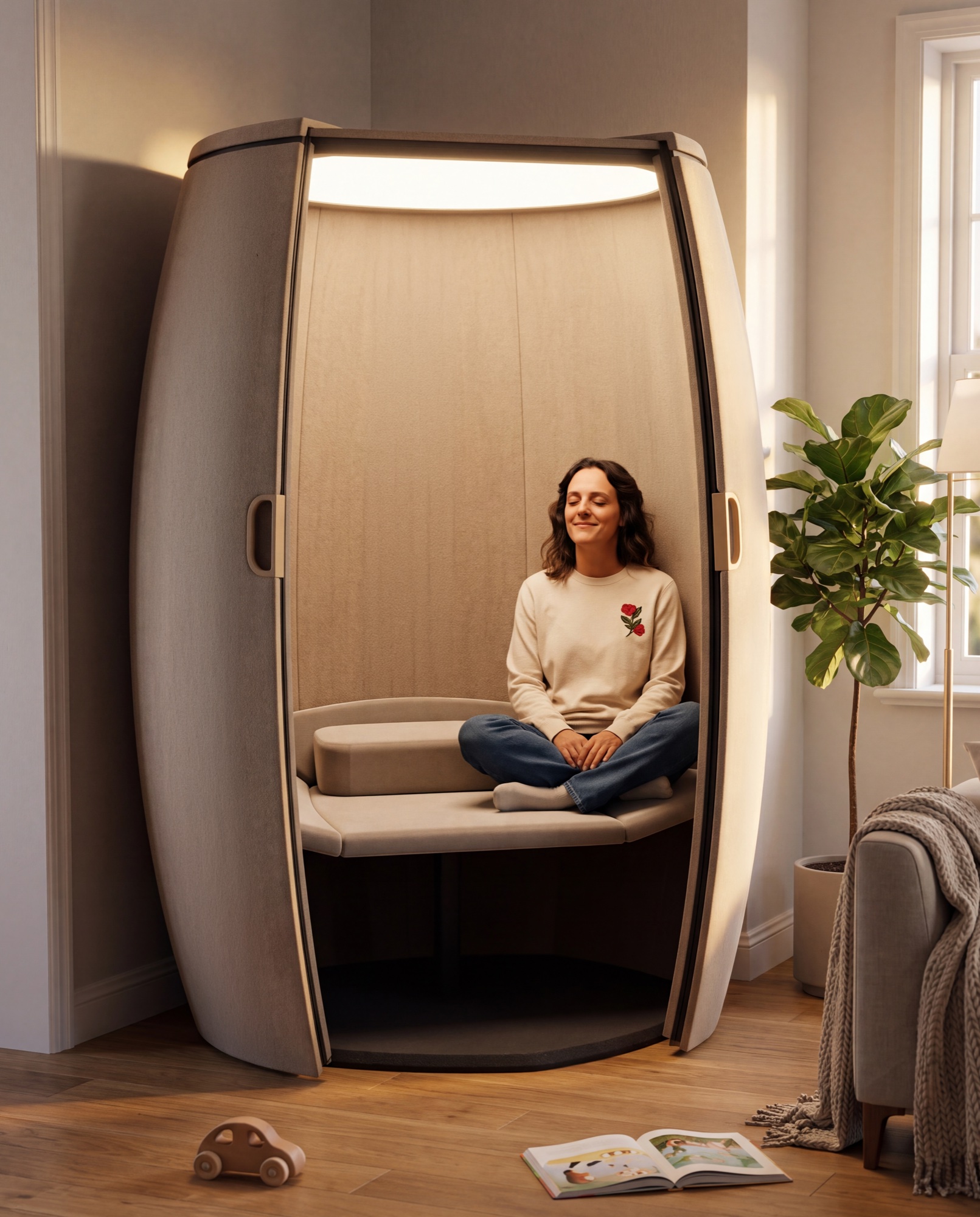 A woman sitting cross-legged with her eyes closed inside a warmly lit Stillpoint pod, kids' toys on the floor nearby